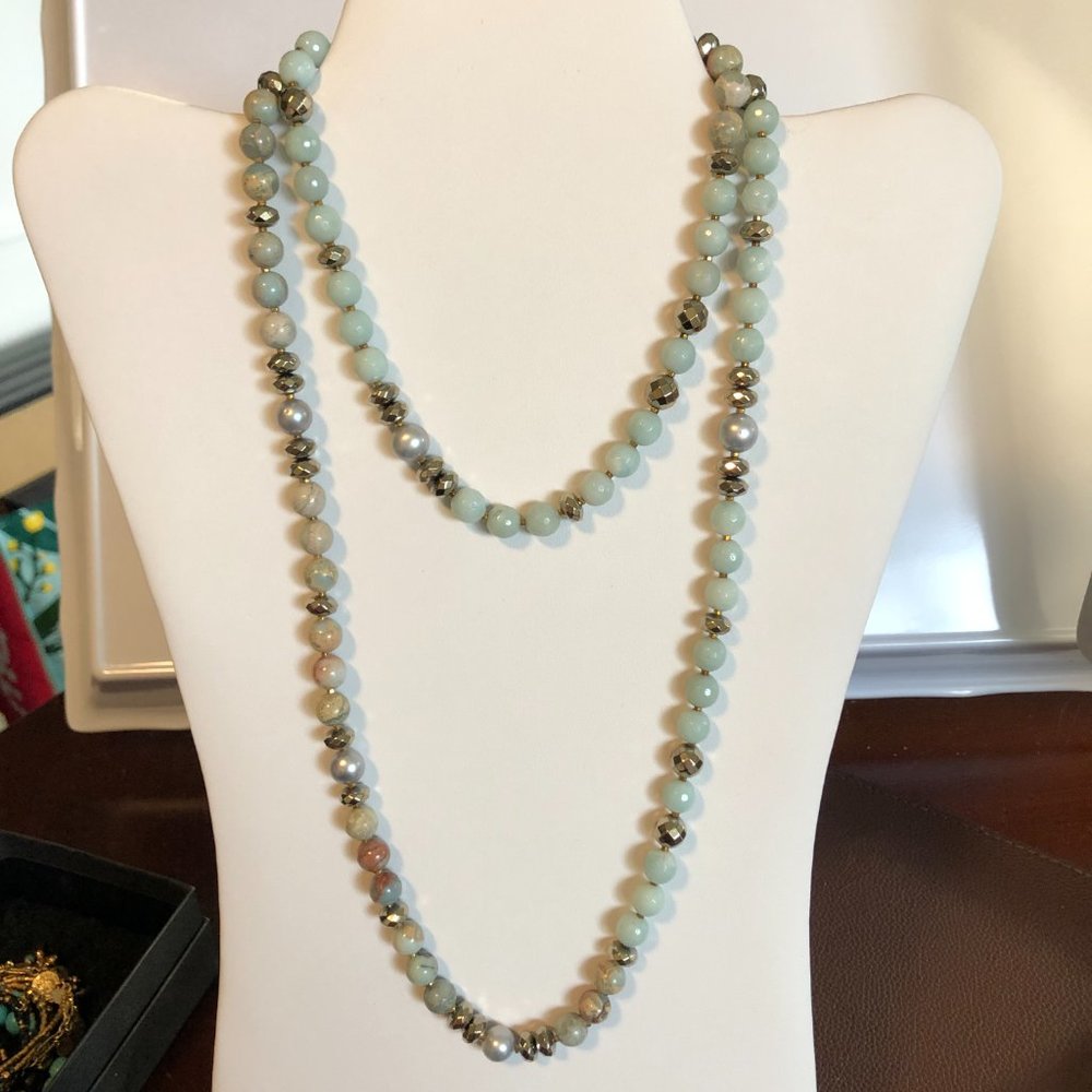 Chan Luu Double Wrap Necklace with Aquamarine/Agate/Pearls/Gunmetal nuggets